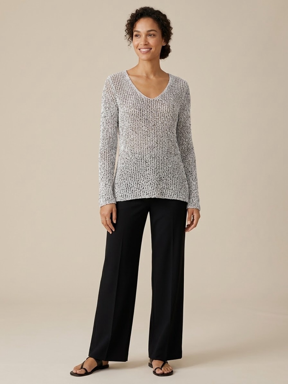 Eileen Fisher 100% Cotton Open Knit V-Neck Sweater Marled Black White Size XS